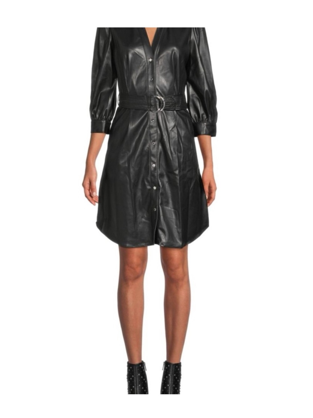 Karl Lagerfeld Black Faux Leather Belted Mini Shirt Dress